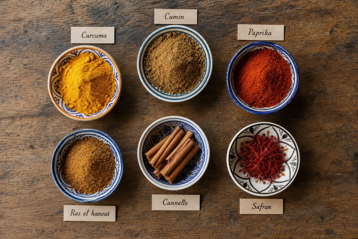 Épices marocaines et ras el hanout Assortiment d'épices marocaines colorées dont le ras el hanout dans des bols en céramique