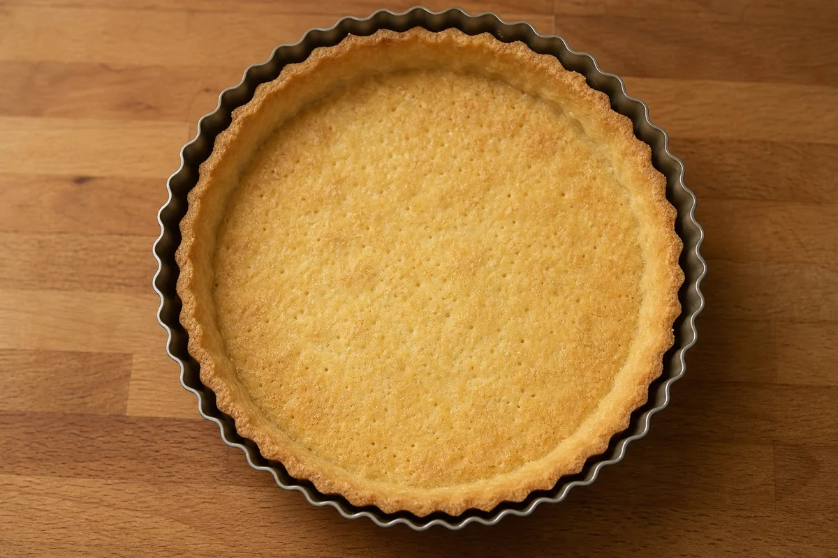Fond de tarte en pâte brisée maison rétréci après cuisson dans un moule