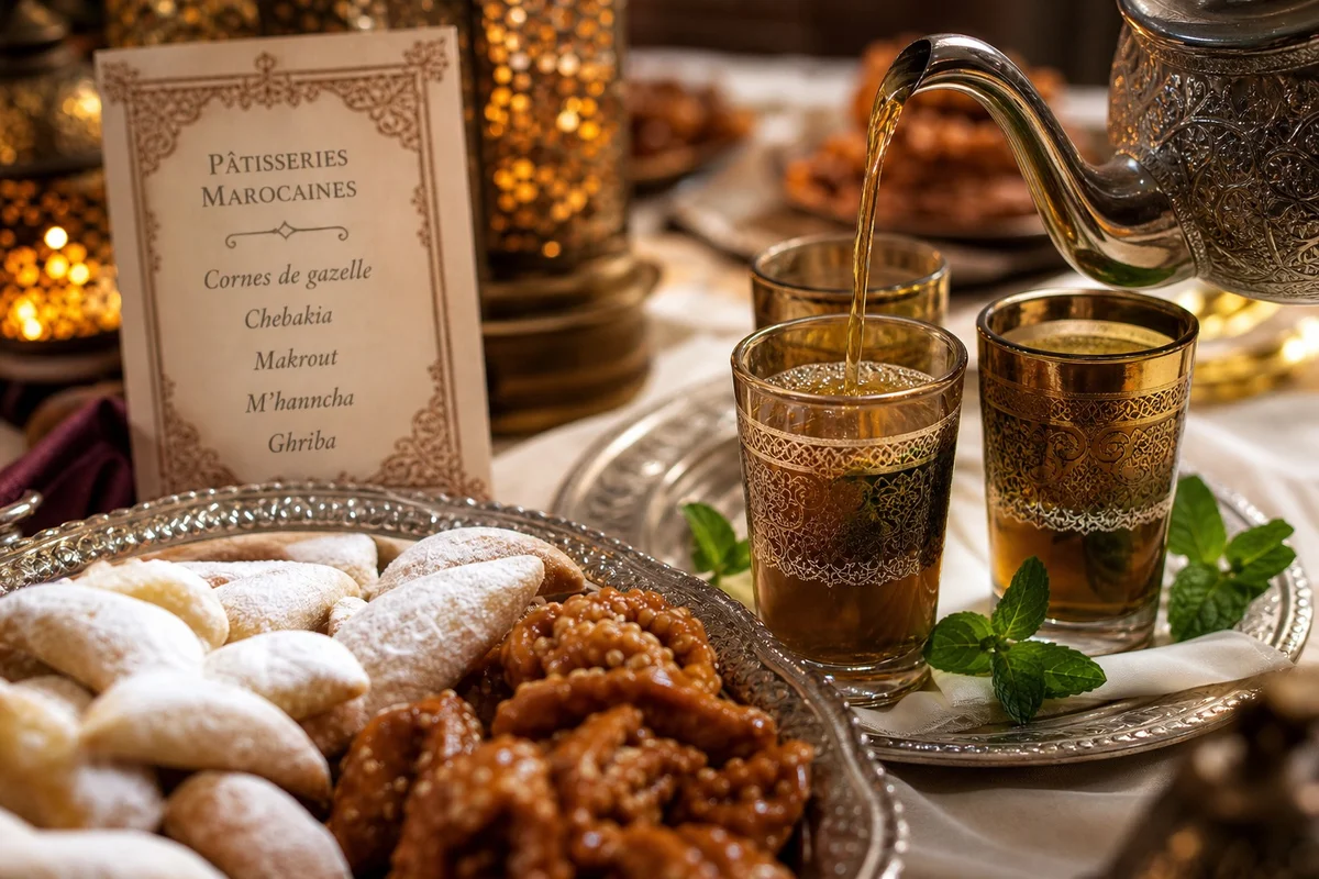 Pâtisseries marocaines et thé à la menthe Cornes de gazelle et chebakia servies avec un thé à la menthe traditionnel marocain