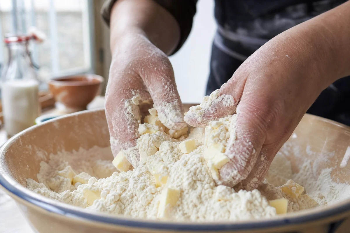 Sablage du beurre et de la farine pour pâte brisée Mains sablant du beurre froid coupé en dés avec de la farine dans un saladier