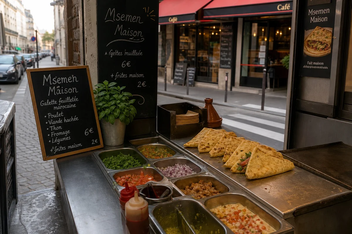 Street food marocaine à Paris Msemen marocain garni servi façon street food dans une échoppe parisienne