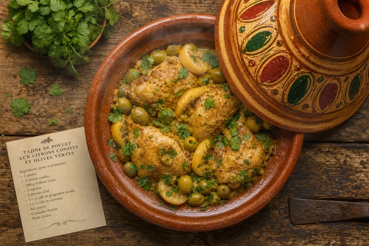 Tajine de poulet au citron confit et olives Tajine de poulet mijoté avec citrons confits et olives dans un plat en terre cuite conique