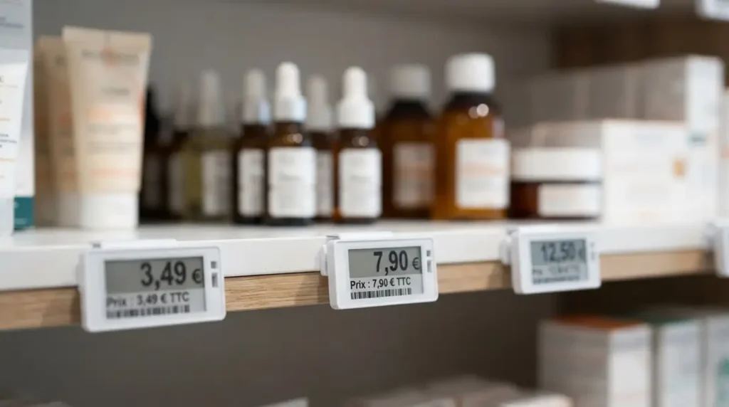 Étiquettes de prix différentes sur un rayon de pharmacie illustrant les prix libres