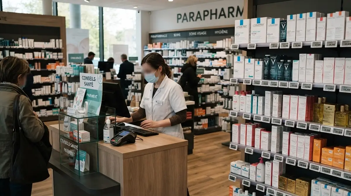 Étiquettes de prix sur un rayon de parapharmacie illustrant les prix libres en pharmacie