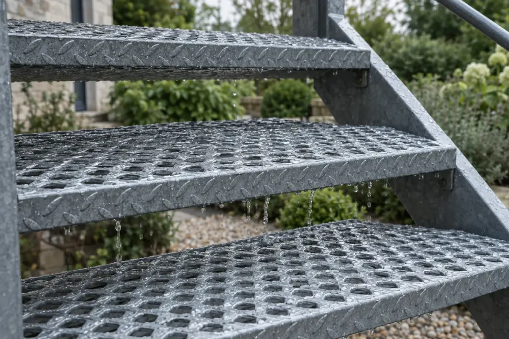 Marche d'escalier extérieur en caillebotis acier galvanisé cranté pour un sol extérieur antidérapant sous la pluie