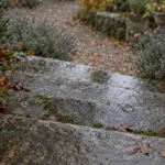 Escalier extérieur en pierre mouillé par la pluie avec mousse sur les marches, exemple de sol extérieur glissant à rendre antidérapant