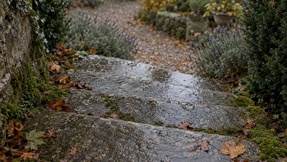 Escalier extérieur en pierre mouillé par la pluie avec mousse sur les marches, exemple de sol extérieur glissant à rendre antidérapant